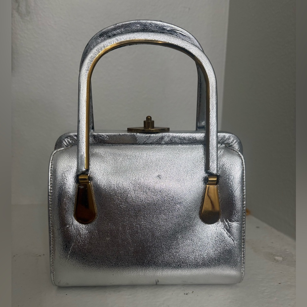 VINTAGE MEYERS Silver Metallic Mini Top-Handle Bag with Gold Accents